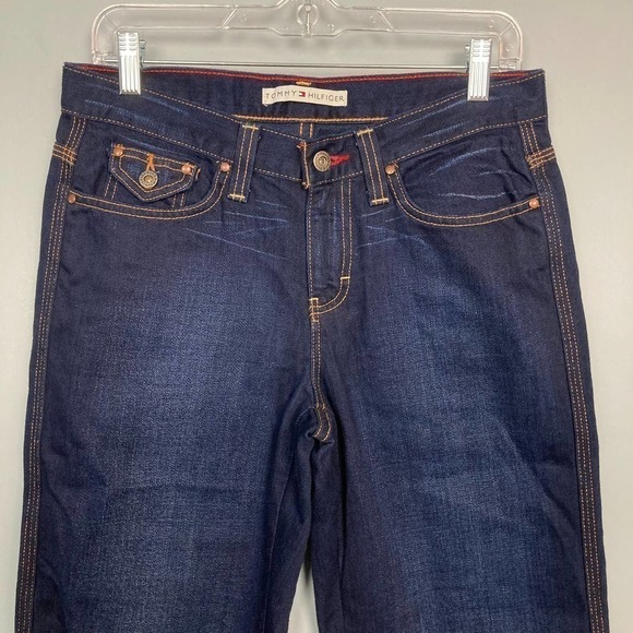 TOMMY Hilfiger Dark Wash Wide Leg Cropped Jeans Women's Size 2 Light Distressing - Picture 2 of 12